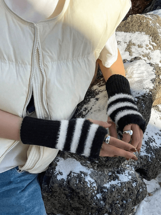 DAZY Fluffy Regular Knitted Striped Fingerless Gloves - Lolli World Marketplace