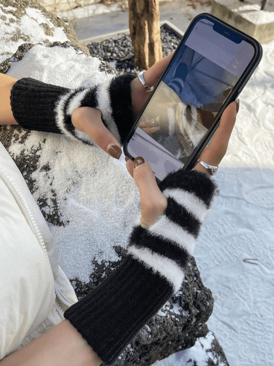 DAZY Fluffy Regular Knitted Striped Fingerless Gloves - Lolli World Marketplace