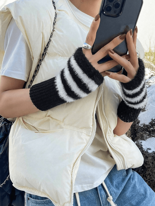 DAZY Fluffy Regular Knitted Striped Fingerless Gloves - Lolli World Marketplace
