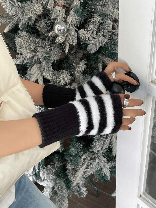 DAZY Fluffy Regular Knitted Striped Fingerless Gloves - Lolli World Marketplace