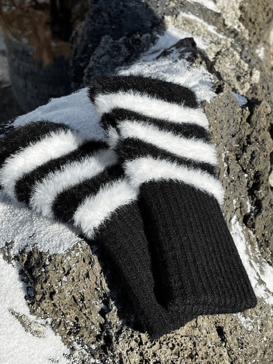 DAZY Fluffy Regular Knitted Striped Fingerless Gloves - Lolli World Marketplace