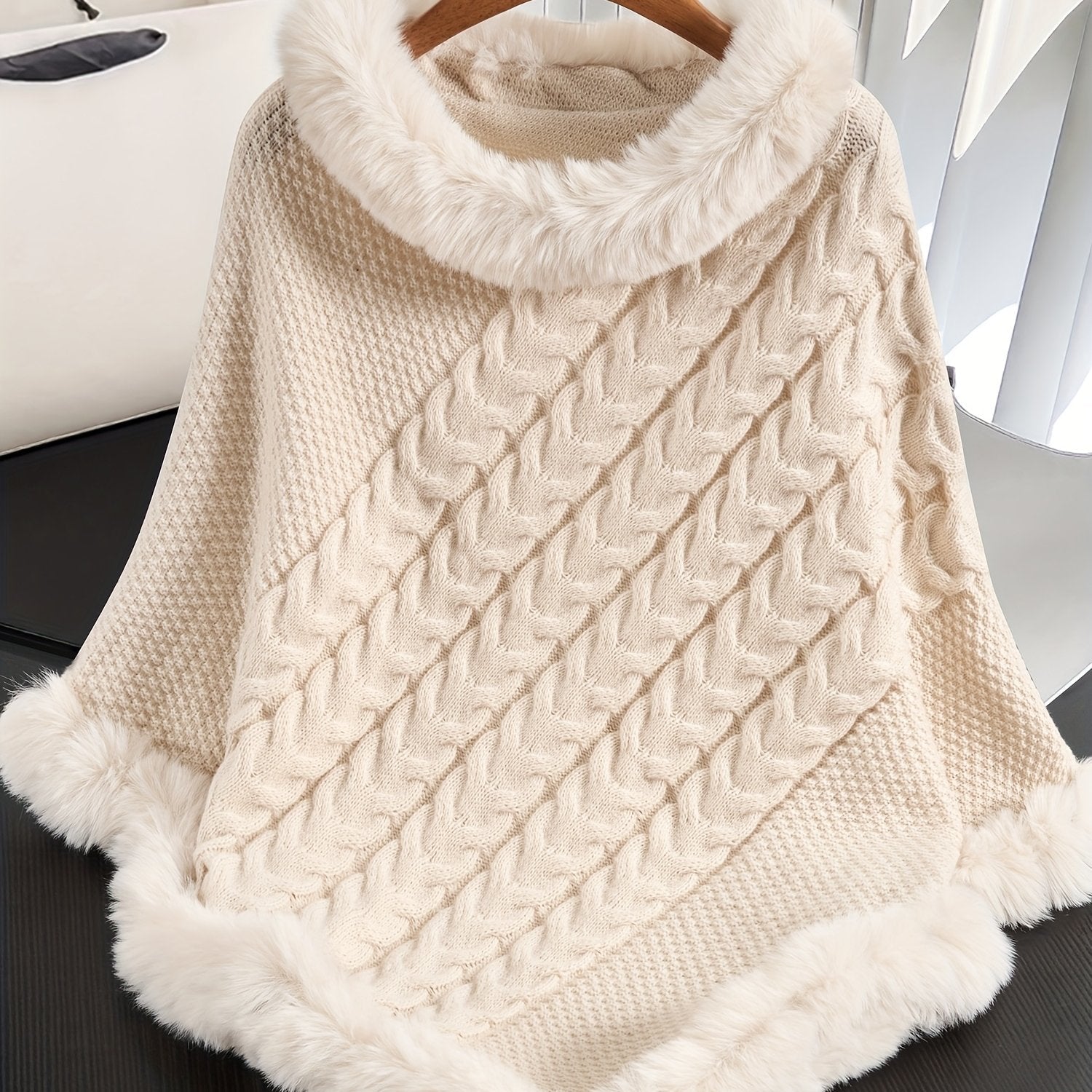 [Elegant Beige Sweater] Elegant Beige Sweater - Women's Soft Pullover Shawl, Asymmetrical Design, Loose Fit Winter Sweater for Fall/Winter, Chic Office to Home Outfits, Women's Clothing Gift, Sweater, Indoor Warmth Wear, Twisted Stitch Style, Faux Fur Tri