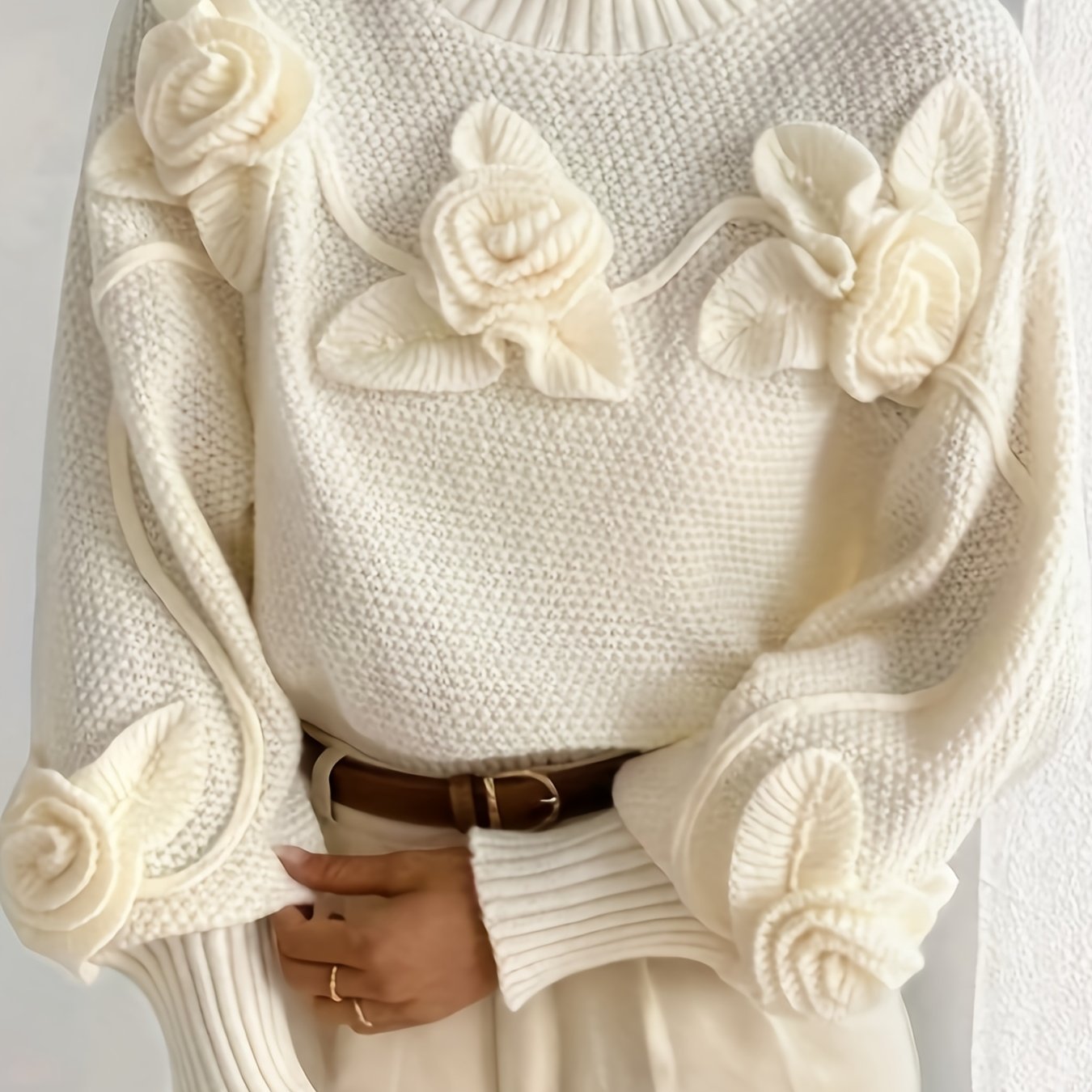 Elegant High - Neck Sweater with 3D Floral Embellishments – Soft, Plush, and Comfortable Fit, Perfect for Fall/Winter, Ideal for Creating a Serene Atmosphere, Casual Wear | Elegant Highneck | Construction, Sweater Dress