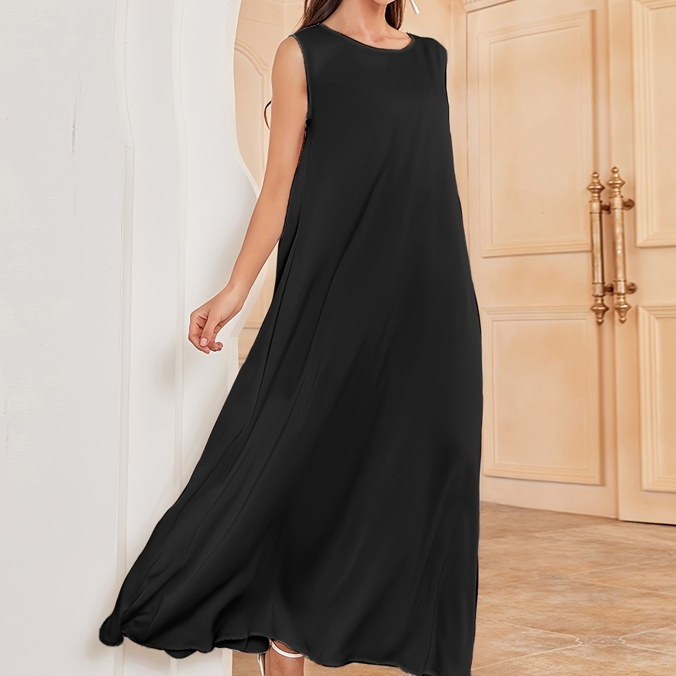 Elegant Polyester Abaya Dress for Women, Sleeveless Solid Color Long Length Woven Abaya without Belt, for All Seasons