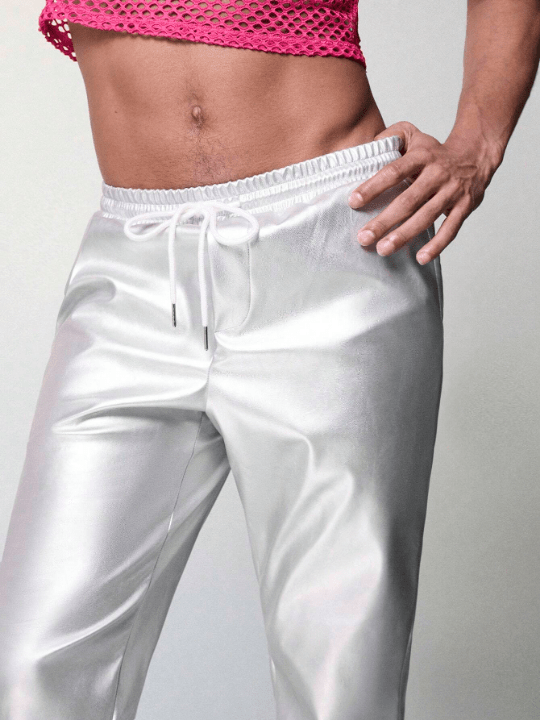 FeverCity Men's Elastic Waist Woven Pu Casual Long Pants With Drawstring - Lolli World Marketplace
