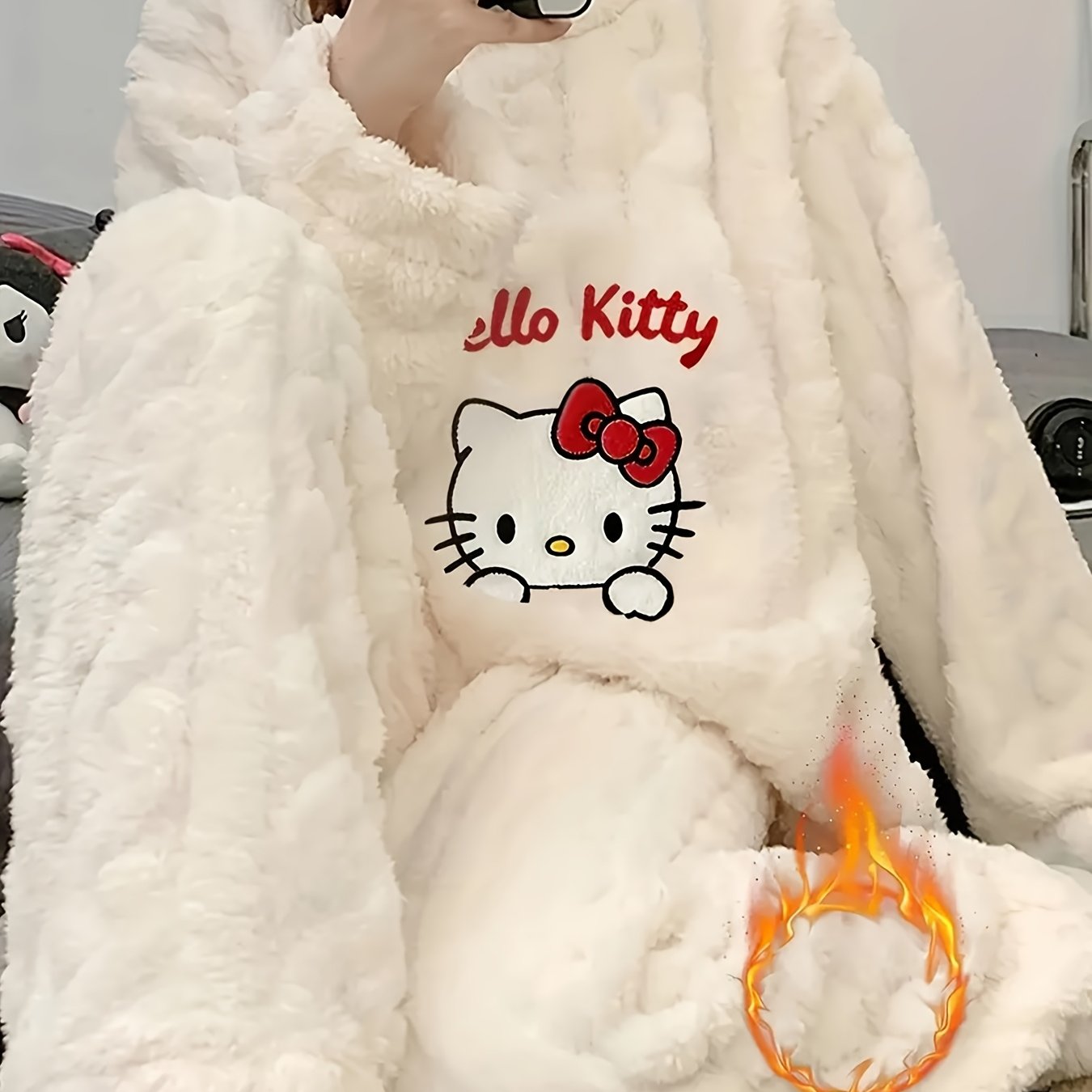 For Hello Kitty Women'S Pajama Set - Cute Cartoon Embroidered Design, Soft Fleece Long Sleeve Pants, Cozy Warm Winter Sleepwear, Round Neck Pullover Style, Perfect for Home and Casual Wear, for Hello Kitty Pajamas