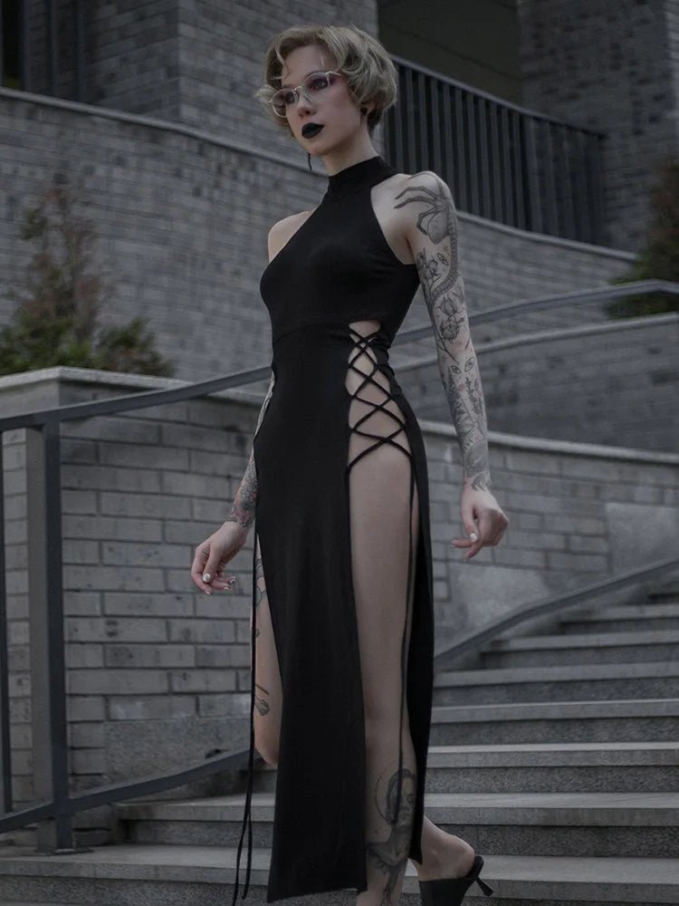 Goth Dark Cosplay High Split Sexy Bandage Women Dresses Y2K Mall Gothi