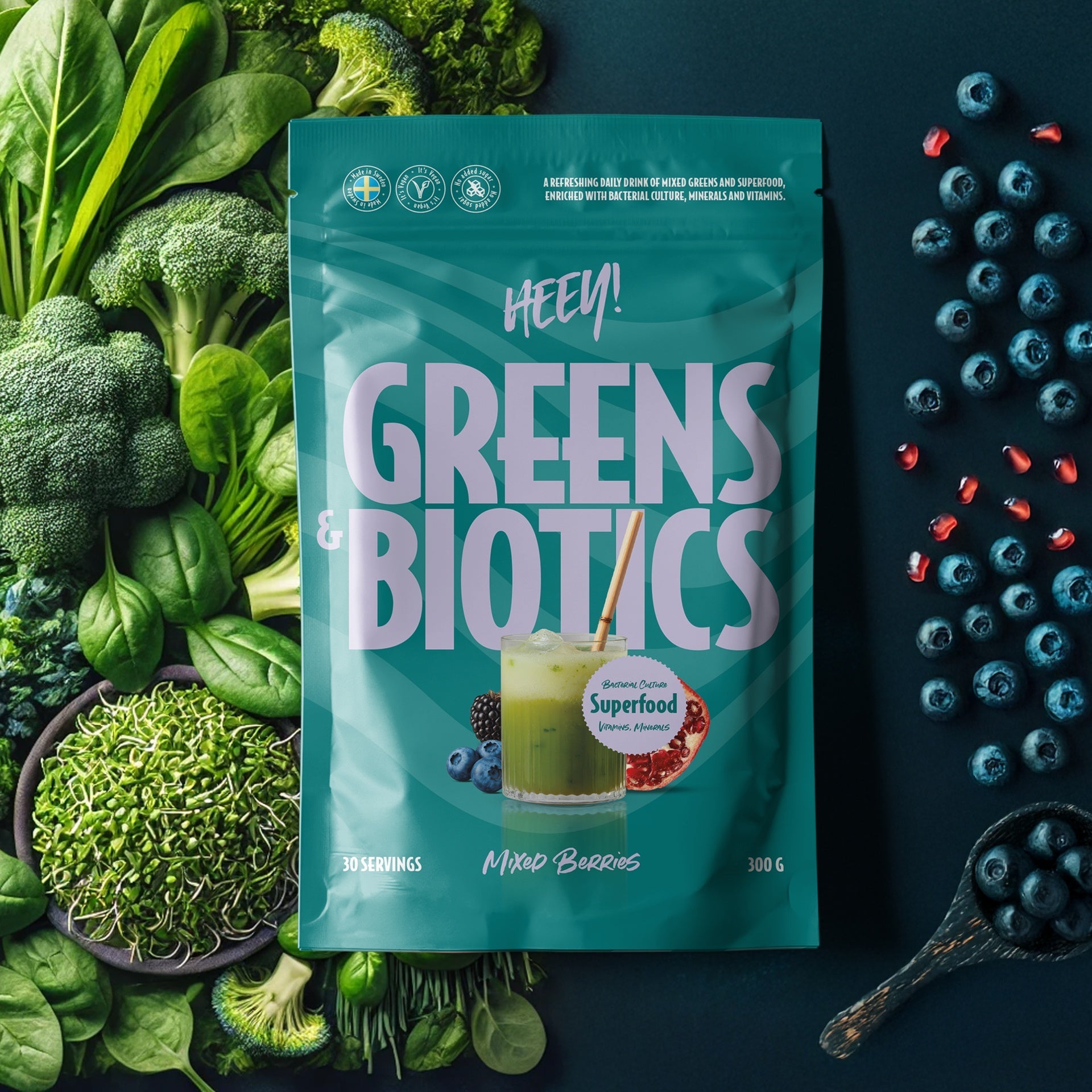 Hey! Greens & Biotics Superfood Mixed Berries 300 g