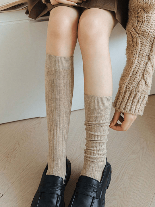 Khaki Vertical Striped Thick Calf Socks, High Tube, Pure Color, Fashionable, Slimming, Suitable For Daily Use - Lolli World Marketplace