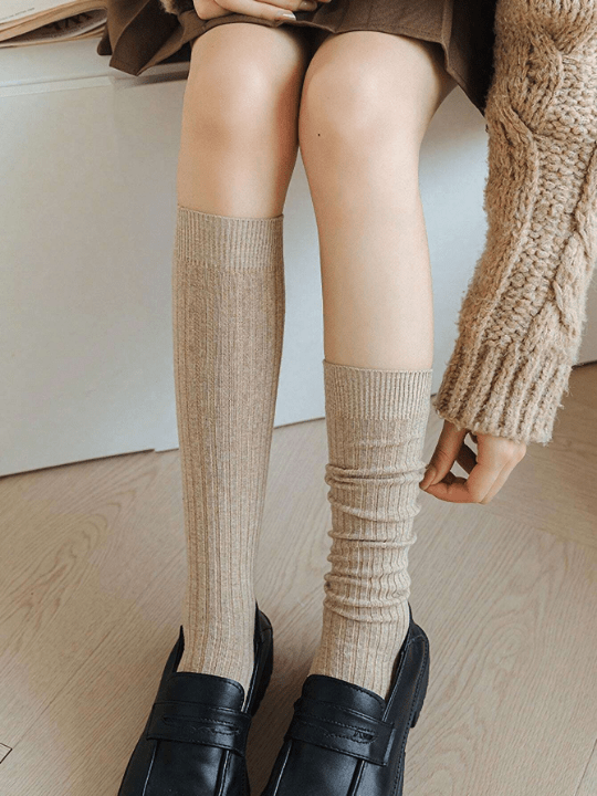Khaki Vertical Striped Thick Calf Socks, High Tube, Pure Color, Fashionable, Slimming, Suitable For Daily Use - Lolli World Marketplace