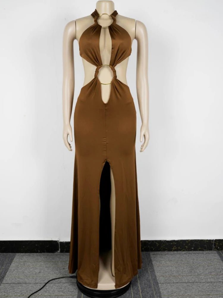 Kricesseen Cut - Out O - Rings Metal Ruched Maxi Dress Holiday Outfits Womens Lace - Up Bandage Party Dresses Night Out Vestidos