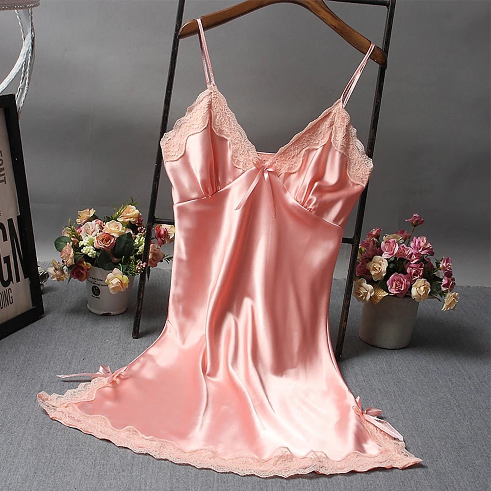 Ladies Sexy Silk Satin Night Dress Nightgown Sleeveless Lace Lingerie Sleepwear Ladies Wrap Dress Robe Sleepwear