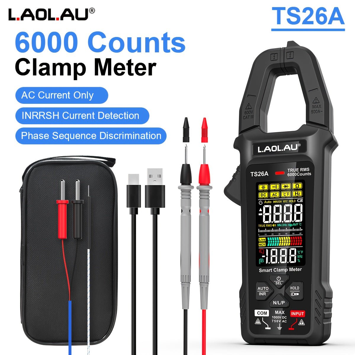 L.AOL.AU 1pc TS26D/TS26A New Digital Clamp Multimeter - Rechargeable Auto - Ranging Multimeter with LCD Display, AC/DC Voltage Current Resistance Capacitance Temperature Measurement - for Lab, Factory & Home