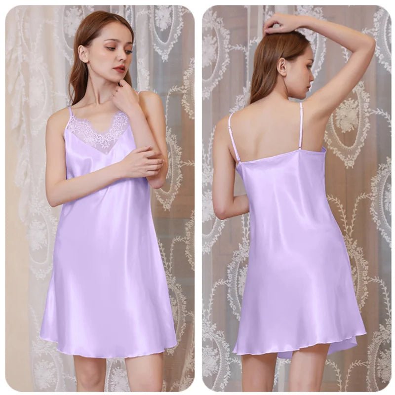 Large Size Back Shaping Summer Thin Satin Silk Pajamas Sexy V - neck Lace Ladies Slip Nightdress onesies for adults sleepwear