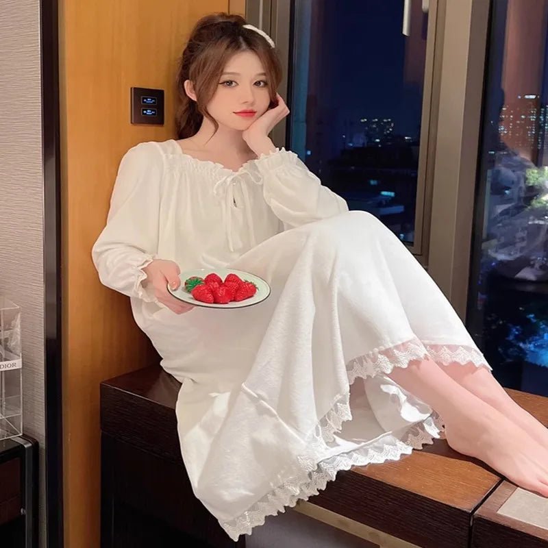 Long - Sleeved Princess Style Nightgown Loose Large Size Can Be Worn Outside the Home Wear Summer Women's Pajamas Lace White Korea