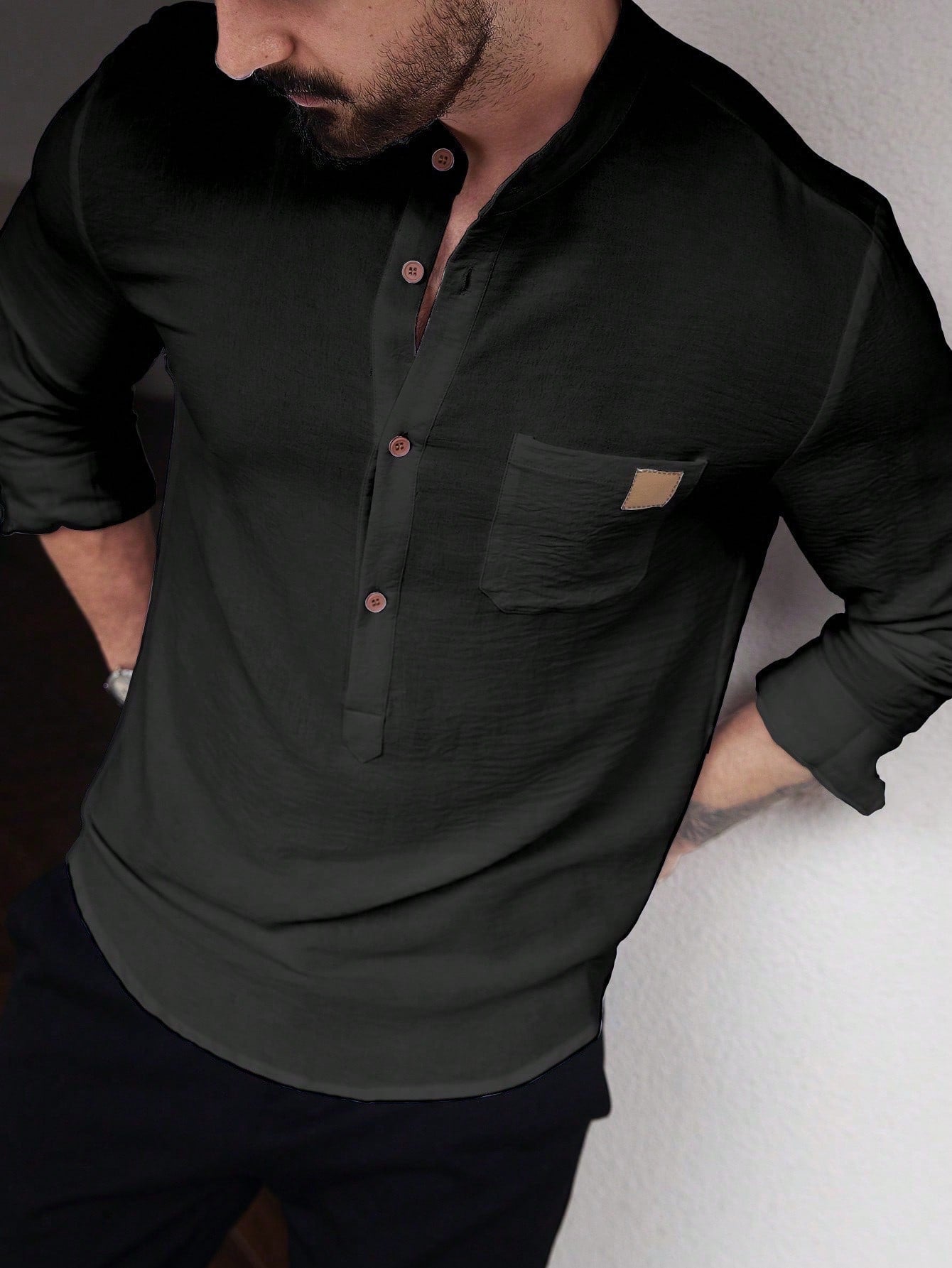Manfinity CasualCool Men's Solid Color Plain Front Button Long Sleeve Pocket Simple Casual Shirt,White Button Up, For Going Out