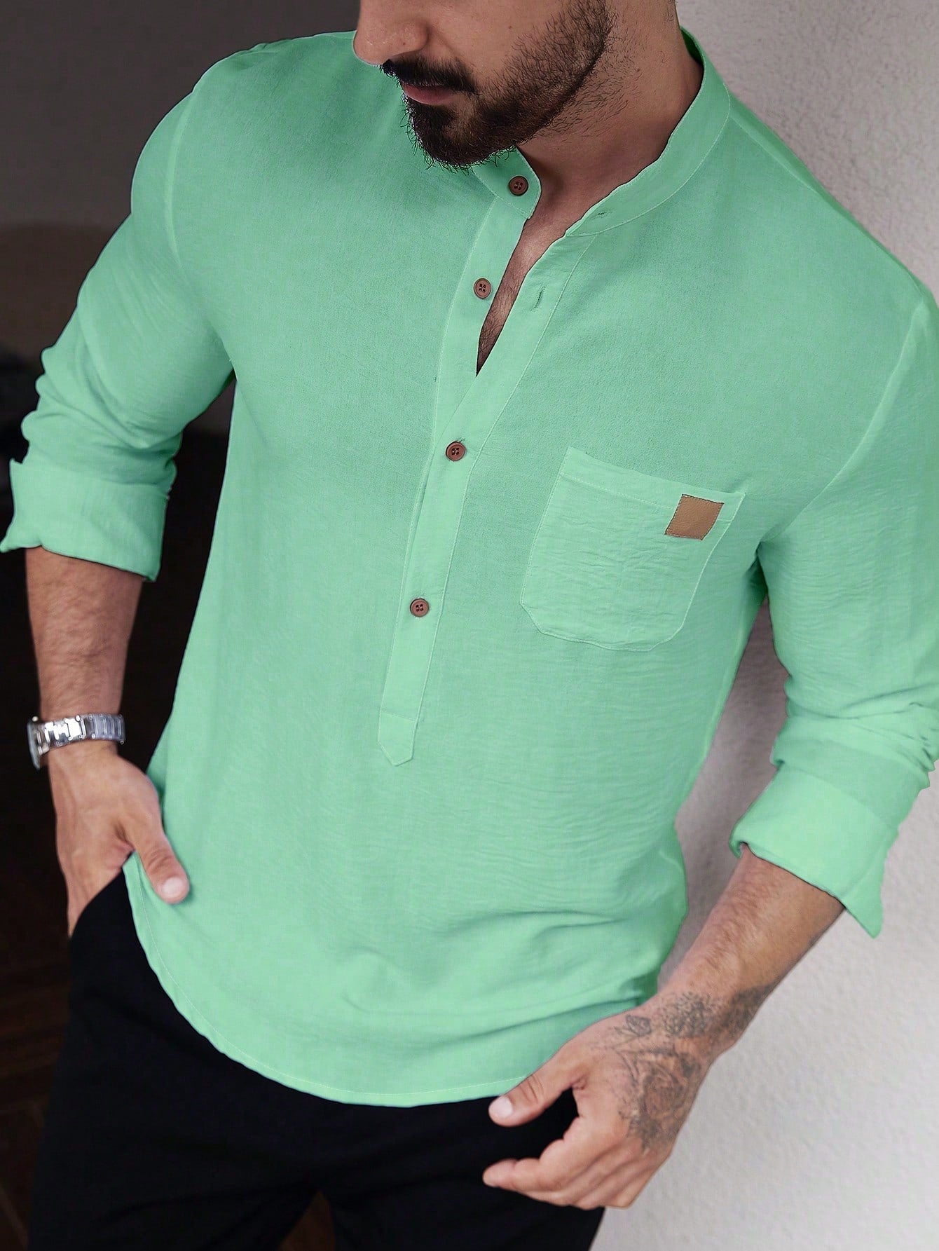 Manfinity CasualCool Men's Solid Color Plain Front Button Long Sleeve Pocket Simple Casual Shirt,White Button Up, For Going Out