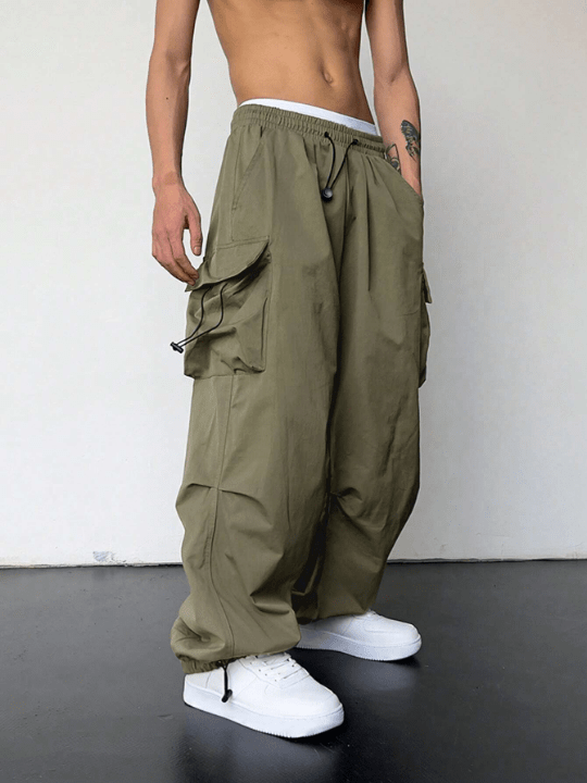 Manfinity EMRG Men Flap Pocket Side Drawstring Waist Oversize Cargo Pants - Lolli World Marketplace