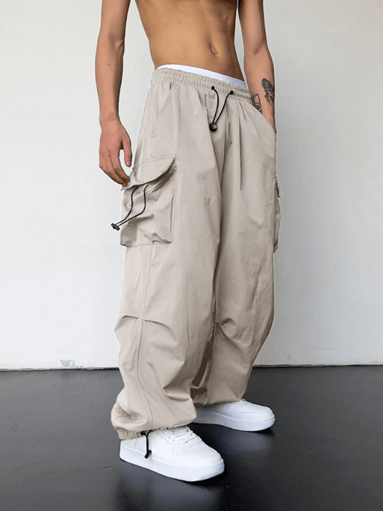 Manfinity EMRG Men Flap Pocket Side Drawstring Waist Oversize Cargo Pants - Lolli World Marketplace