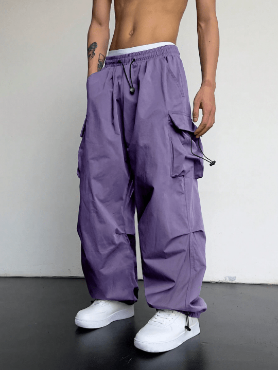 Manfinity EMRG Men Flap Pocket Side Drawstring Waist Oversize Cargo Pants - Lolli World Marketplace