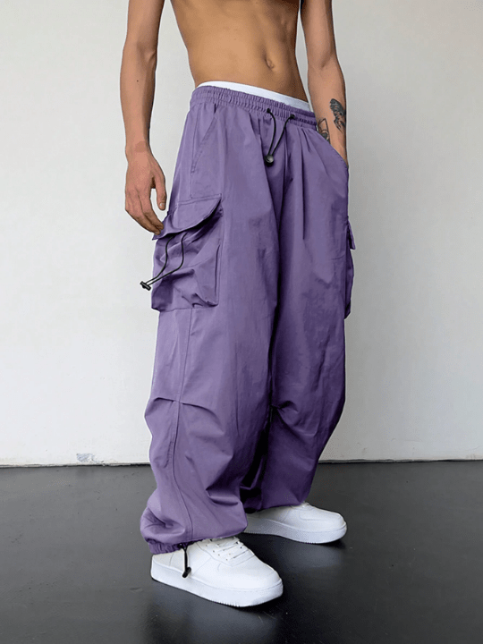 Manfinity EMRG Men Flap Pocket Side Drawstring Waist Oversize Cargo Pants - Lolli World Marketplace