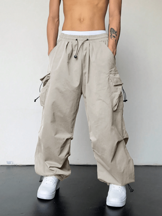 Manfinity EMRG Men Flap Pocket Side Drawstring Waist Oversize Cargo Pants - Lolli World Marketplace