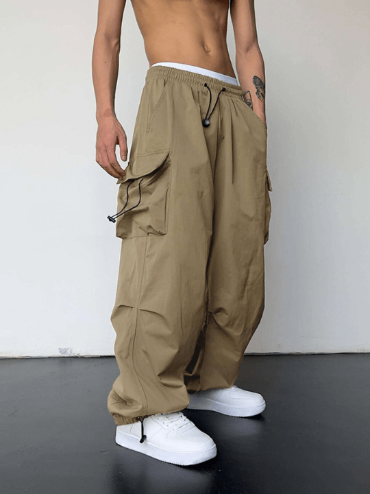 Manfinity EMRG Men Solid Flap Pocket Drawstring Waist Loose Cargo Pants - Lolli World Marketplace