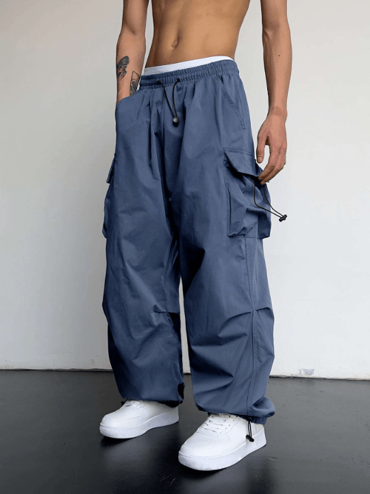 Manfinity EMRG Men Solid Flap Pocket Drawstring Waist Oversized Cargo Pants - Lolli World Marketplace