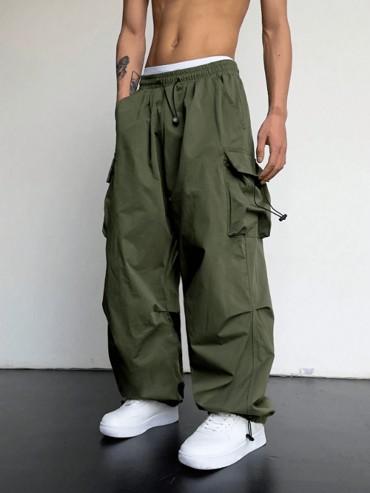 Manfinity EMRG Men Solid Flap Pocket Drawstring Waist Oversized Cargo Pants - Lolli World Marketplace