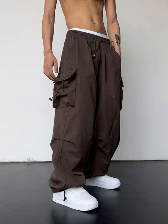 Manfinity EMRG Men Solid Flap Pocket Drawstring Waist Oversized Cargo Pants - Lolli World Marketplace