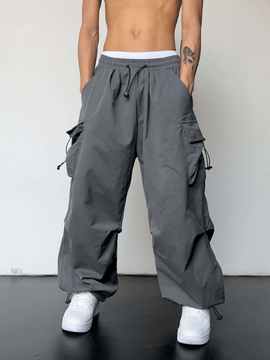 Manfinity EMRG Men Solid Flap Pocket Drawstring Waist Oversized Cargo Pants - Lolli World Marketplace