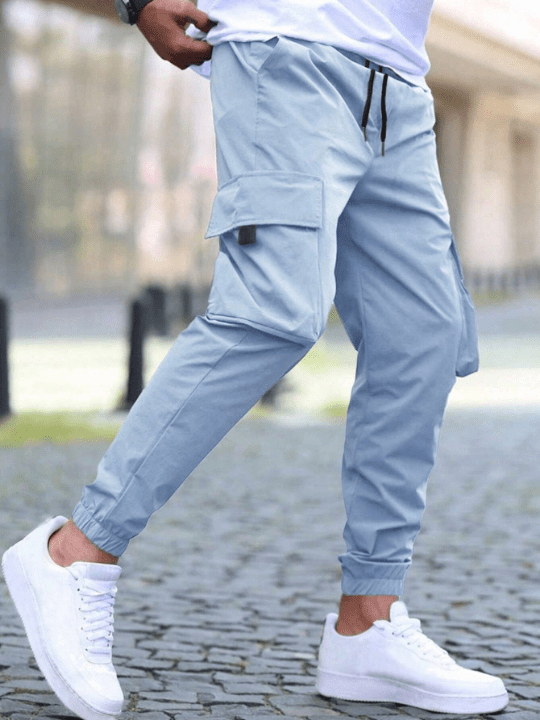 Manfinity Homme Loose Fit Men's Cargo Pants With Elastic Drawstring Waist And Flap Pockets - Lolli World Marketplace