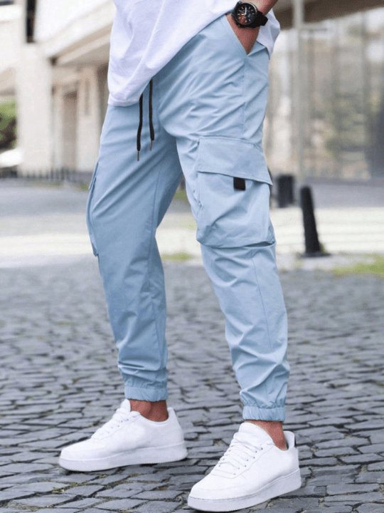 Manfinity Homme Loose Fit Men's Cargo Pants With Elastic Drawstring Waist And Flap Pockets - Lolli World Marketplace