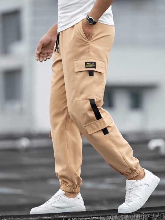 Manfinity Homme Loose Fit Men's Cargo Pants With Letter Patch Design And Drawstring Waist - Lolli World Marketplace
