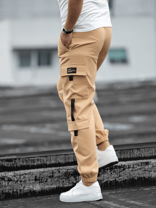 Manfinity Homme Loose Fit Men's Cargo Pants With Letter Patch Design And Drawstring Waist - Lolli World Marketplace