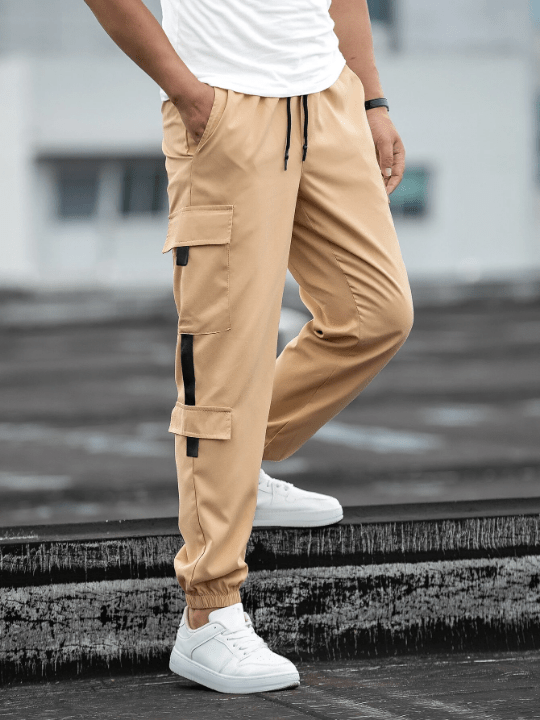 Manfinity Homme Loose Fit Men's Cargo Pants With Letter Patch Design And Drawstring Waist - Lolli World Marketplace