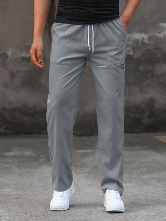 Manfinity Homme Loose - Fit Men's Straight Leg Pants With Drawstring Waist And Letter Patch Design - Lolli World Marketplace