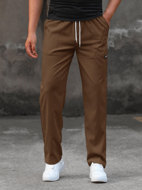 Manfinity Homme Loose Fit Men's Straight Leg Pants With Letter Patch And Drawstring Waist - Lolli World Marketplace