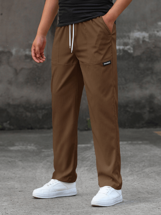 Manfinity Homme Loose Fit Men's Straight Leg Pants With Letter Patch And Drawstring Waist - Lolli World Marketplace