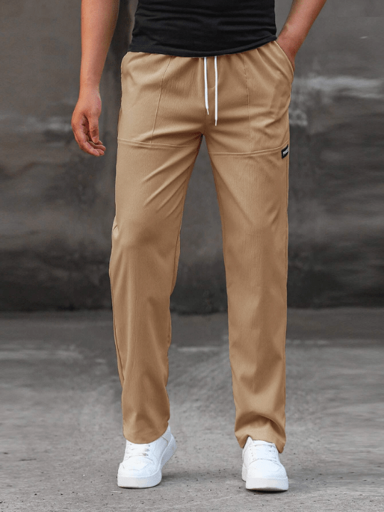 Manfinity Homme Loose - Fit Men's Straight - Leg Pants With Letter Patches And Drawstring Waist - Lolli World Marketplace