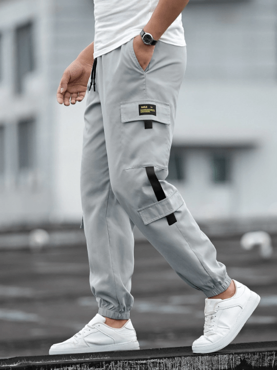 Manfinity Homme Loose - Fitting Men's Patch Design Drawstring Waist Cargo Pants - Lolli World Marketplace
