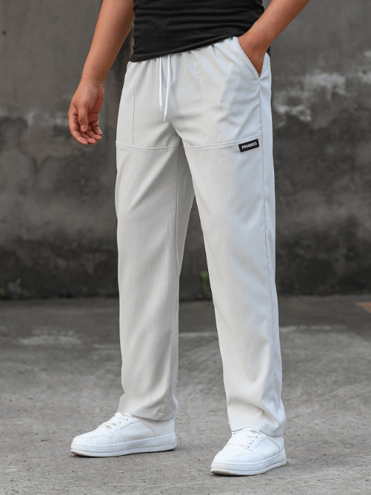 Manfinity Homme Loose - Fitting Men's Straight Leg Pants With Drawstring Waist, Letter Embellished - Lolli World Marketplace
