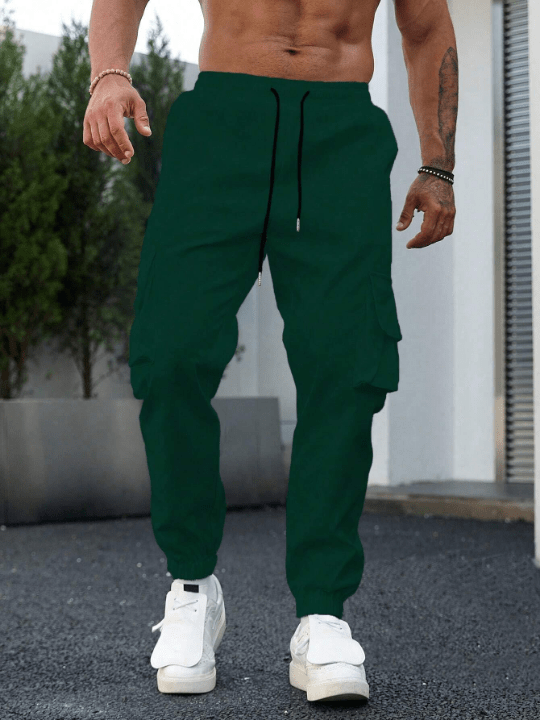 Manfinity Homme Men's Drawstring Waist Cargo Pants With Pockets And Elastic Hem - Lolli World Marketplace
