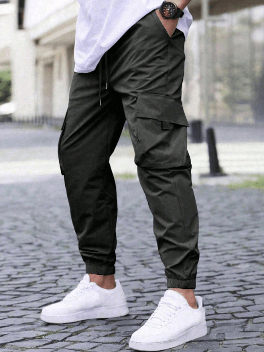 Manfinity Homme Men's Loose Fit Cargo Pants With Flap Pockets And Drawstring Waist - Lolli World Marketplace
