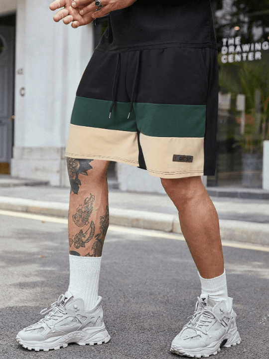 Manfinity Homme Men's Loose Fit Color Block Shorts With Drawstring Waist And Patchwork Detail - Lolli World Marketplace