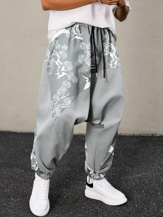 Manfinity Homme Men's Printed Patchwork Drop Crotch Joggers With Elastic Cuffs - Lolli World Marketplace