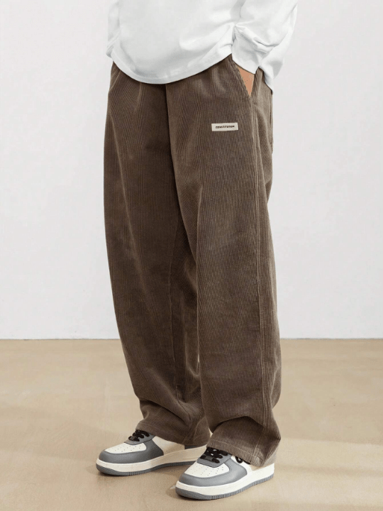 Manfinity Hypemode Loose Fit Men's Corduroy Pants With Letter Patch Detail - Lolli World Marketplace