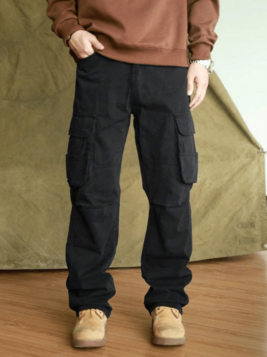 Manfinity Hypemode Loose Fit Men's Solid Color Flip - Pocket Long Pants - Lolli World Marketplace