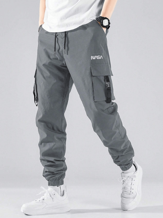 Manfinity Hypemode Men Letter Graphic Buckle Detail Flap Pocket Drawstring Waist Cargo Pants - Lolli World Marketplace