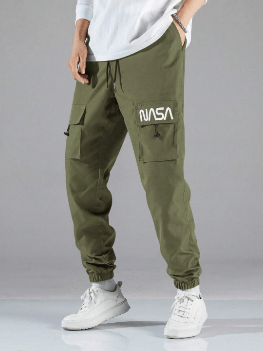 Manfinity Hypemode Men Letter Graphic Flap Pocket Drawstring Waist Cargo Pants - Lolli World Marketplace